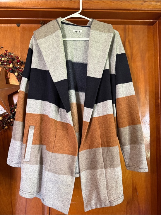 Maurices Sweaters - Maurices Hooded Striped Open-Front Cardigan — Black, Brown & Gray